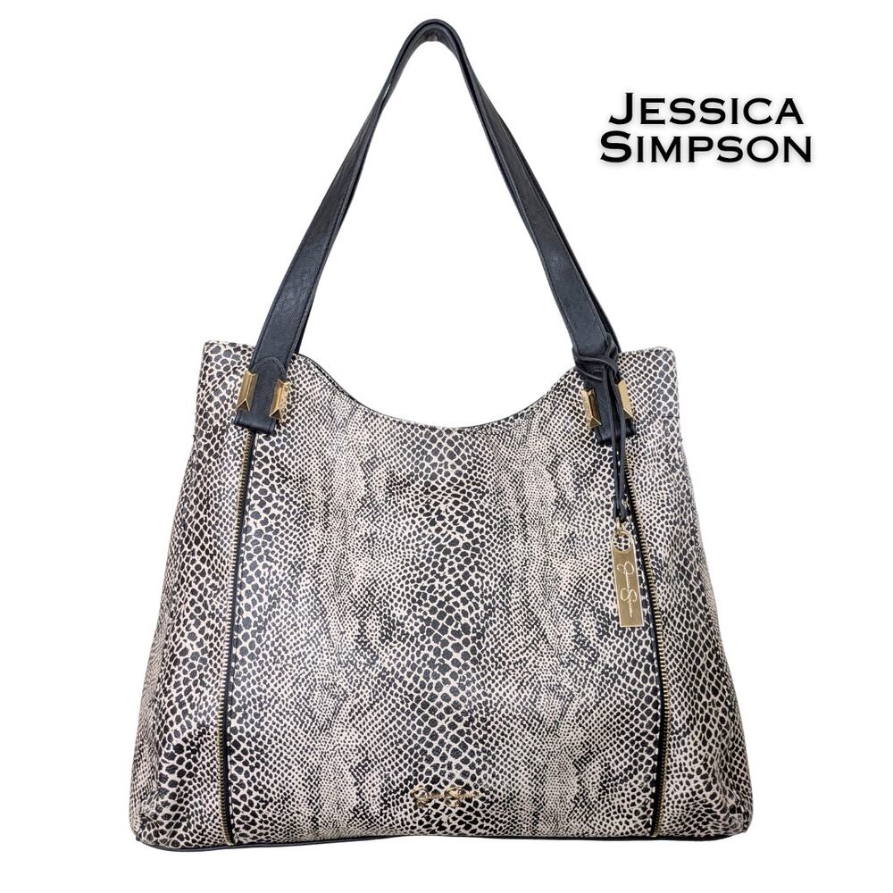 Jessica Simpson Snakeskin Print Tote Large Shoulder Bag Black Tan Maximalist